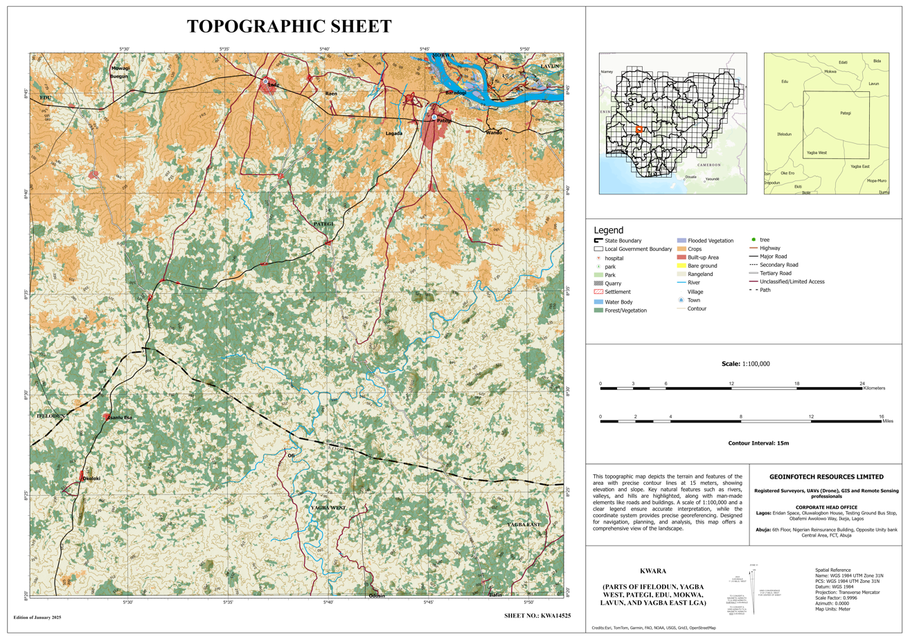 Topographic map of Kwara (Parts of Ifelodun, Yagba West, Pategi, Edu,Mokwa, Lavun and Yagba East LGA) – KWA14525