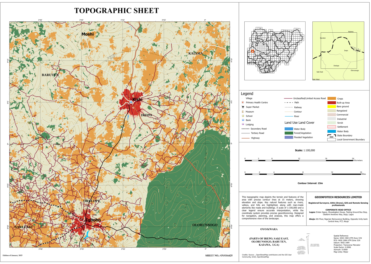 Topographic map of Oyo/Kwara (Parts of Irepo, Saki East, Olorunsogo, Baruten, Kaiam LGA) – OYO16425