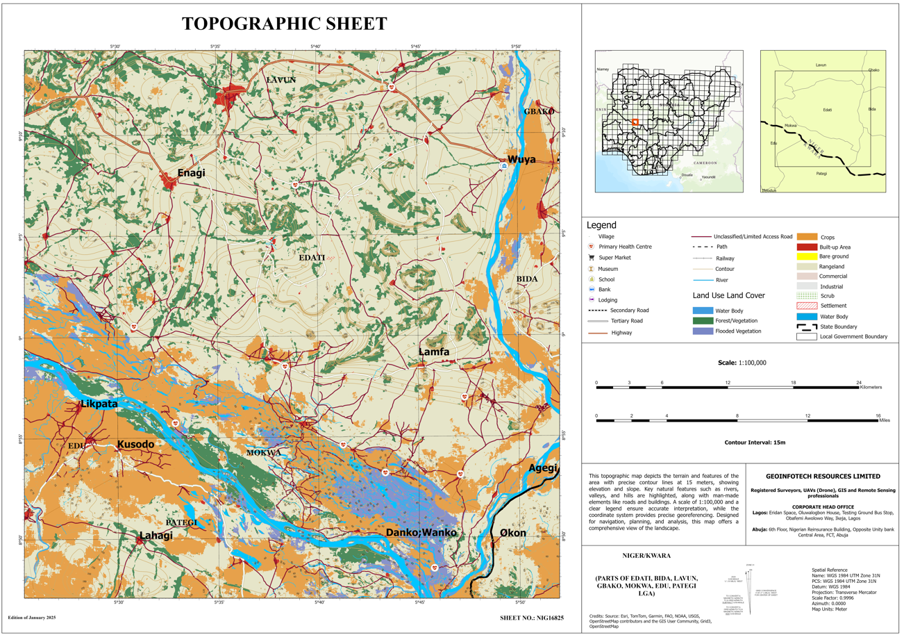 Topographic map of Kwara / Niger (Parts of Edati, Bida, Lavun, Gbako, Mokwa, Edu, Pategi LGA) – NIG16825